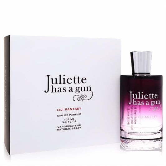 Experience Lili Fantasy 3.3 oz Eau De Parfum. Elegant purple gradient glass bottle with silver cap and crisp white box.