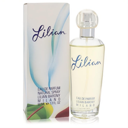 Lilian Barony 1.7 oz women's Eau De Parfum spray. Clear glass bottle holds light amber fragrance, with a vibrant blue-green box.
