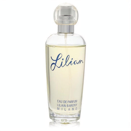Elegant Lilian Barony Eau De Parfum for women. Clear glass bottle with pale yellow fragrance and signature blue "Lilian" script.