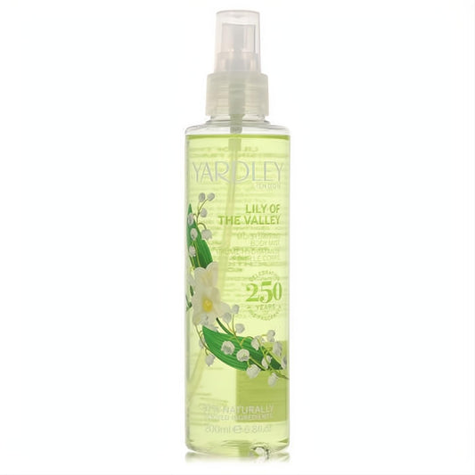 Yardley London Lily of The Valley 6.8 oz body mist. Clear bottle with light green liquid, elegant floral design, 250 years of natural fragrance.
