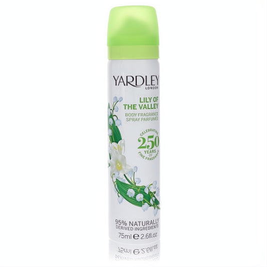 Captivating Lily of the Valley 2.6 oz body fragrance spray by Yardley London. White can, green cap, floral design for women.