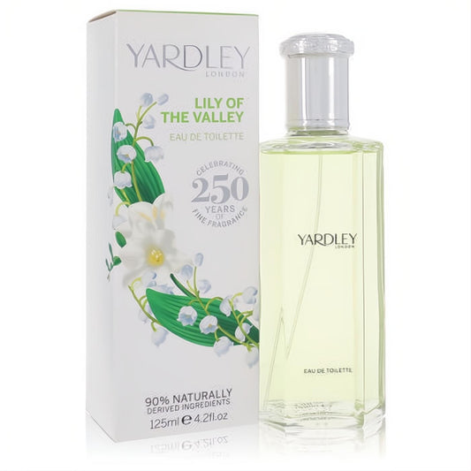 Yardley London Lily of the Valley 4.2 oz EDT. Clear glass bottle with pale yellow fragrance, silver cap, and elegant floral box.
