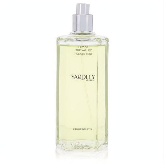 Elegant Yardley London Lily of The Valley 4.2 oz Eau De Toilette tester. Clear glass bottle, pale yellow liquid, sleek silver cap.