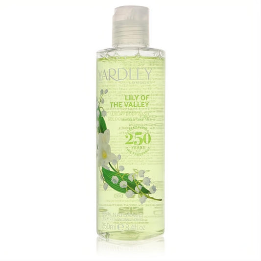 Yardley London Lily of The Valley 8.4 oz luxury body wash. Clear bottle with refreshing light green liquid and elegant floral design.