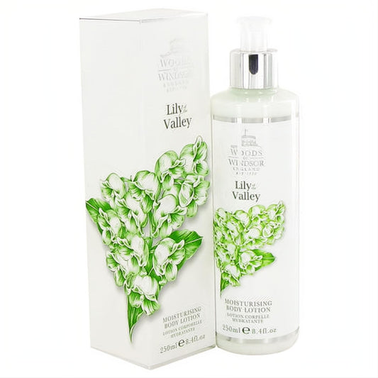 Woods of Windsor Lily of the Valley 8.4 oz body lotion. Elegant white pump bottle and box with fresh green floral design.