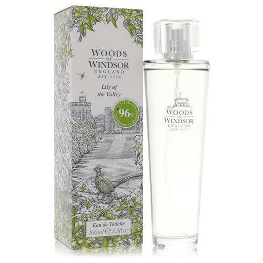 Woods of Windsor Lily of the Valley 3.4 oz EDT in a sleek clear glass bottle, presented with its elegant green botanical box.