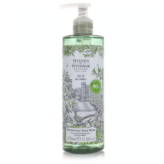 Luxurious Woods of Windsor Lily of the Valley 11.8 oz moisturising hand wash. Green bottle with white pump and elegant botanical label.