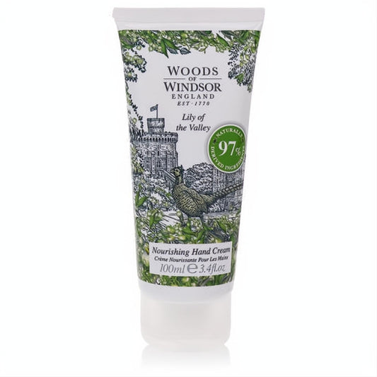 Woods of Windsor Lily of the Valley 3.4 oz nourishing hand cream. White tube with green castle and pheasant botanical design.