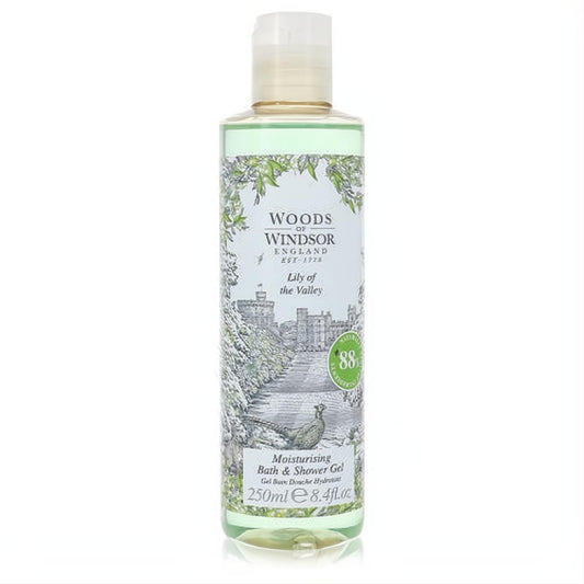 Indulge with Woods of Windsor Lily of the Valley 8.4 oz moisturizing shower gel. Clear bottle, elegant castle & pheasant label.