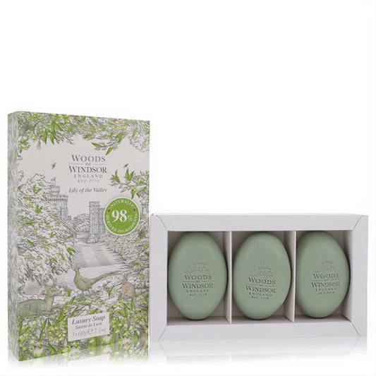 Woods of Windsor Lily of the Valley luxury soap gift set. Three pale green 2.1oz oval soaps with elegant botanical packaging.