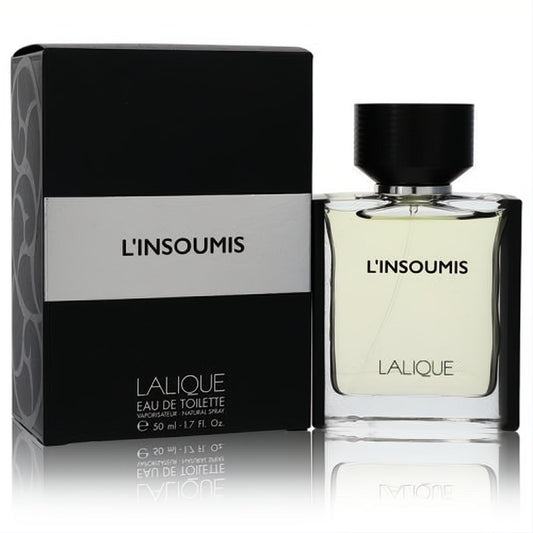 Lalique L'insoumis 1.7 oz EDT for men. Clear glass bottle, black cap, golden fragrance, and elegant black box.