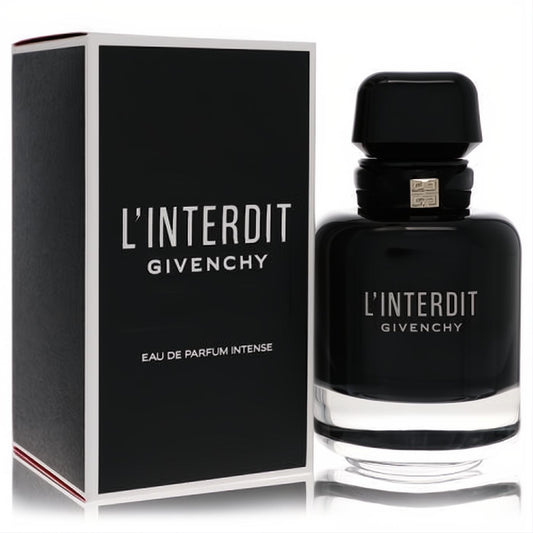 Luxurious L'Interdit Intense Givenchy 2.6 oz women's EDP. Sleek black glass perfume bottle with silver lettering and matching box.