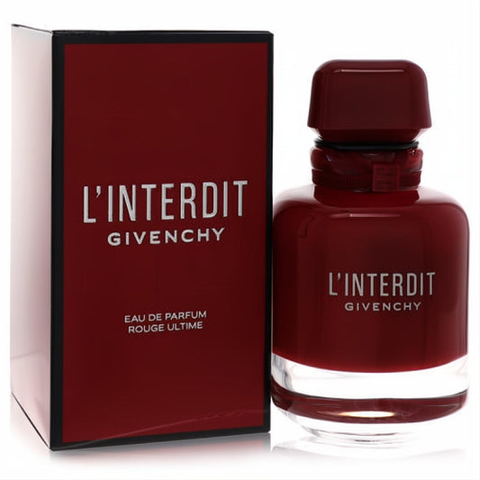 Givenchy L'Interdit Rouge Ultime 2.7 oz EDP. Bold deep red glass spray bottle with matching box, elegant silver text.