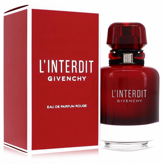 Captivating L'Interdit Rouge Givenchy Eau De Parfum in a bold red glass bottle with elegant black ribbon, beside its matching box.