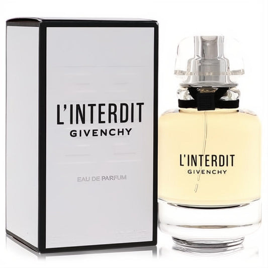 Experience L'Interdit Givenchy Eau De Parfum. Clear glass bottle with black ribbon, elegant faceted cap, and white box.