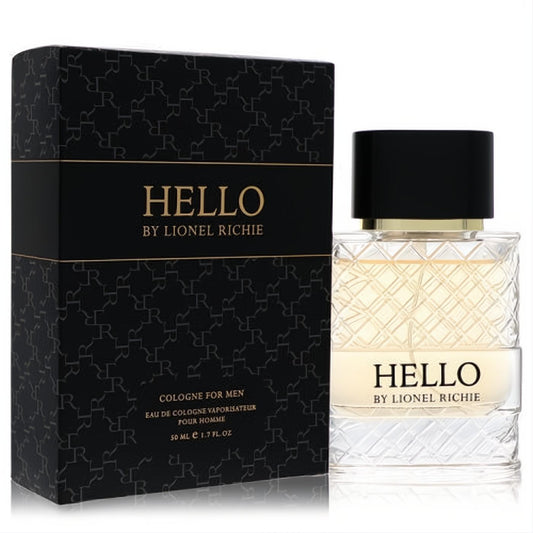 Lionel Richie Hello men's 1.7 oz cologne. Clear glass bottle with textured base, black cap, and elegant black box with gold accents.