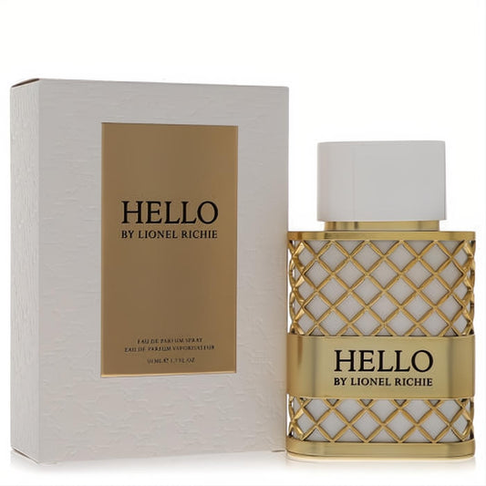 Luxurious gold Hello by Lionel Richie 1.7 oz Eau de Parfum bottle with distinctive white lattice pattern and elegant branded white box.