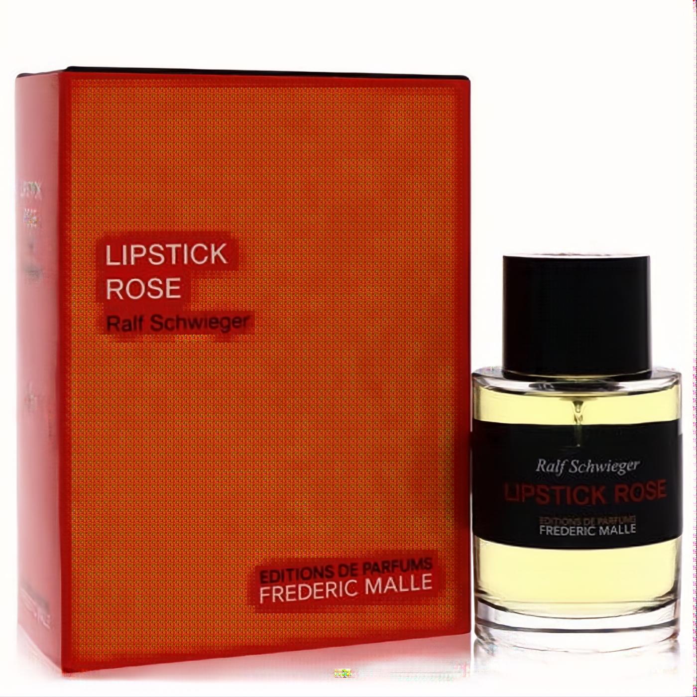 Luxurious Frederic Malle Lipstick Rose 3.4 oz Eau de Parfum. Vibrant reddish-orange box and sleek clear glass bottle with black cap.