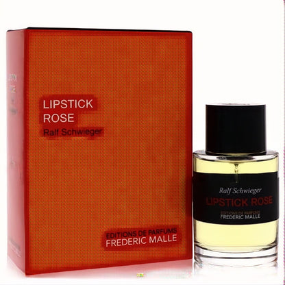 Luxurious Frederic Malle Lipstick Rose 3.4 oz Eau de Parfum. Vibrant reddish-orange box and sleek clear glass bottle with black cap.