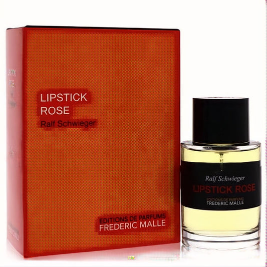 Luxurious Frederic Malle Lipstick Rose 3.4 oz Eau de Parfum. Vibrant reddish-orange box and sleek clear glass bottle with black cap.