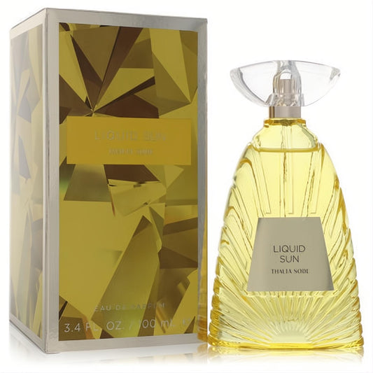 Thalia Sodi Liquid Sun 3.4 oz women's EDP. Radiant yellow pleated glass bottle with a clear sculptural cap, next to its elegant gold box.