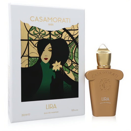 Luxurious Xerjoff Casamorati Lira 1 oz women's EDP. Distinctive gold bottle and elegant art deco box.
