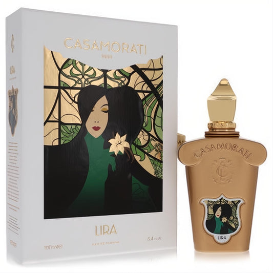 Exquisite Lira by Xerjoff 3.4 oz gold perfume spray bottle and white box with elegant art deco woman.