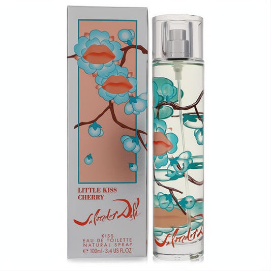 Elegant Salvador Dali Little Kiss Cherry 3.4 oz EDT spray. Clear bottle & box with unique blue cherry blossom & orange lip design.