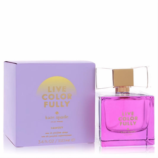 Kate Spade Live Colorfully Sunset 3.4 oz EDP. Striking magenta perfume bottle, elegant gold bow cap, and chic lavender box.