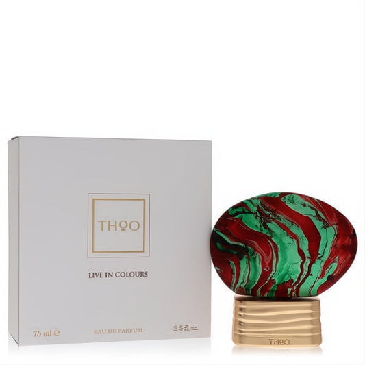 Live In Colours 2.5oz unisex perfume: bold red, green & black marbled bottle with gold base, next to its elegant white THOO box.