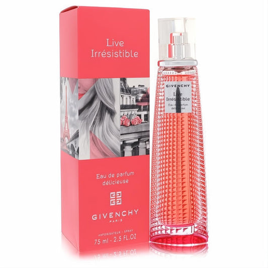 Elegant Givenchy Live Irrésistible Délicieuse 2.5 oz EDP spray. Features a stunning faceted coral glass bottle and vibrant pink box.