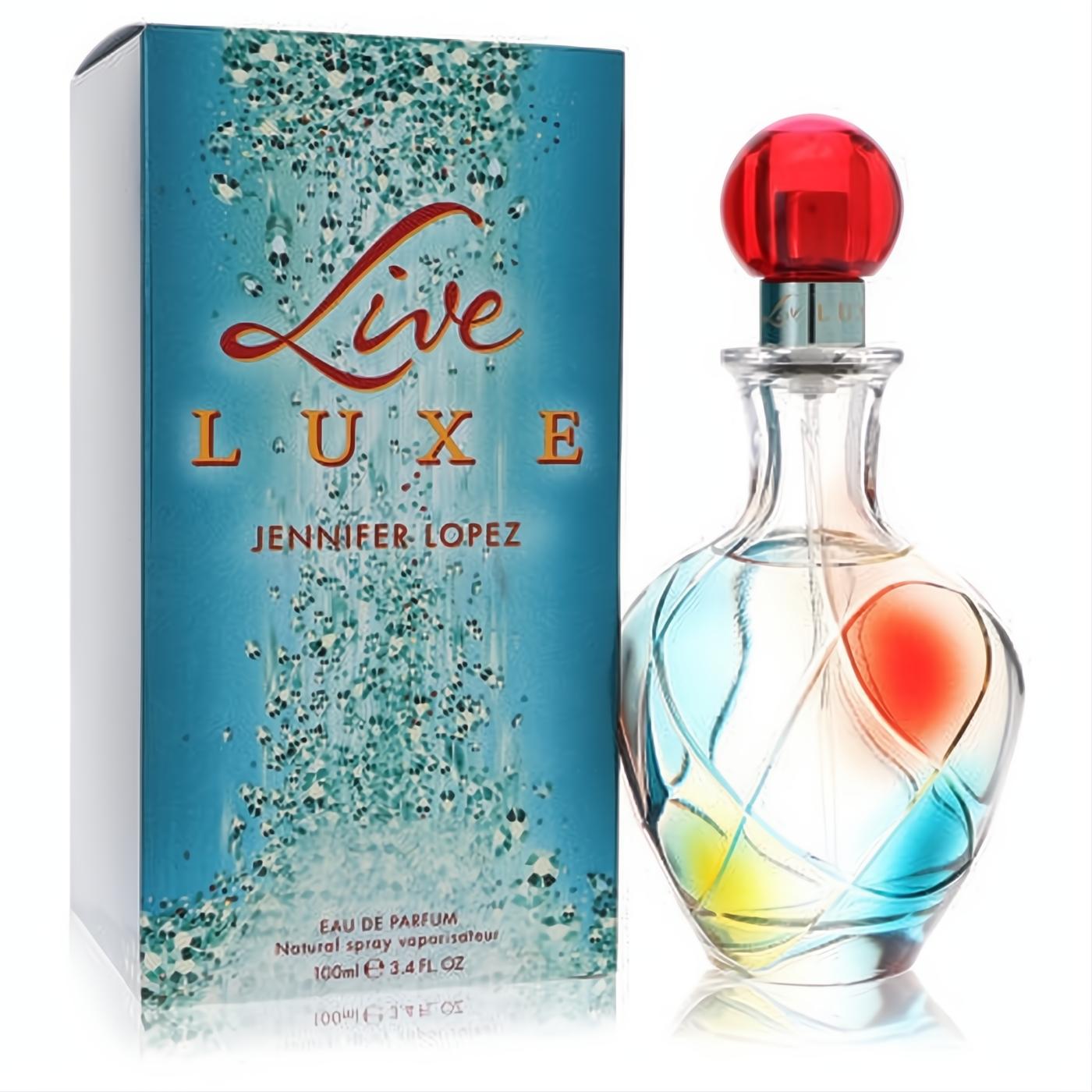 Jennifer Lopez Live Luxe 3.4 oz EDP. Vibrant red cap, elegant clear glass bottle with colorful swirling design, and sparkling blue box.