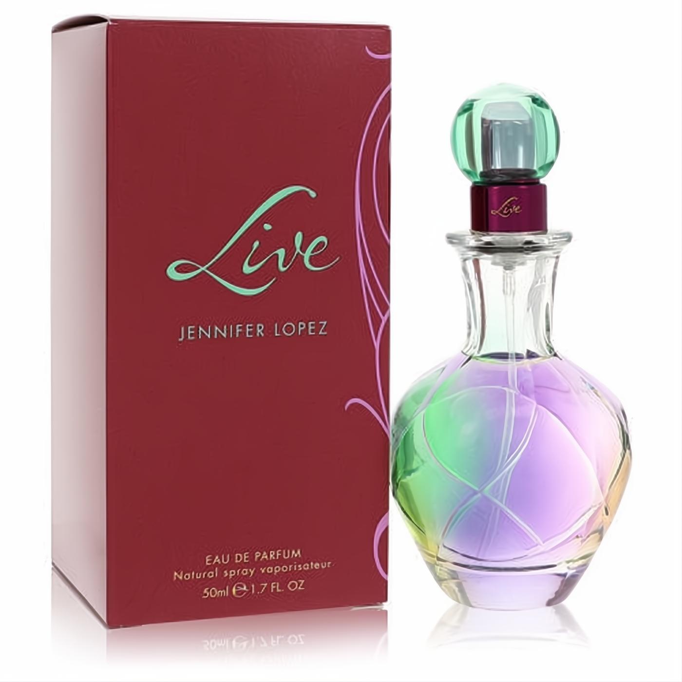 Jennifer Lopez Live 1.7 oz Eau de Parfum. Stunning iridescent glass bottle with etched details & green cap, next to its vibrant red box.