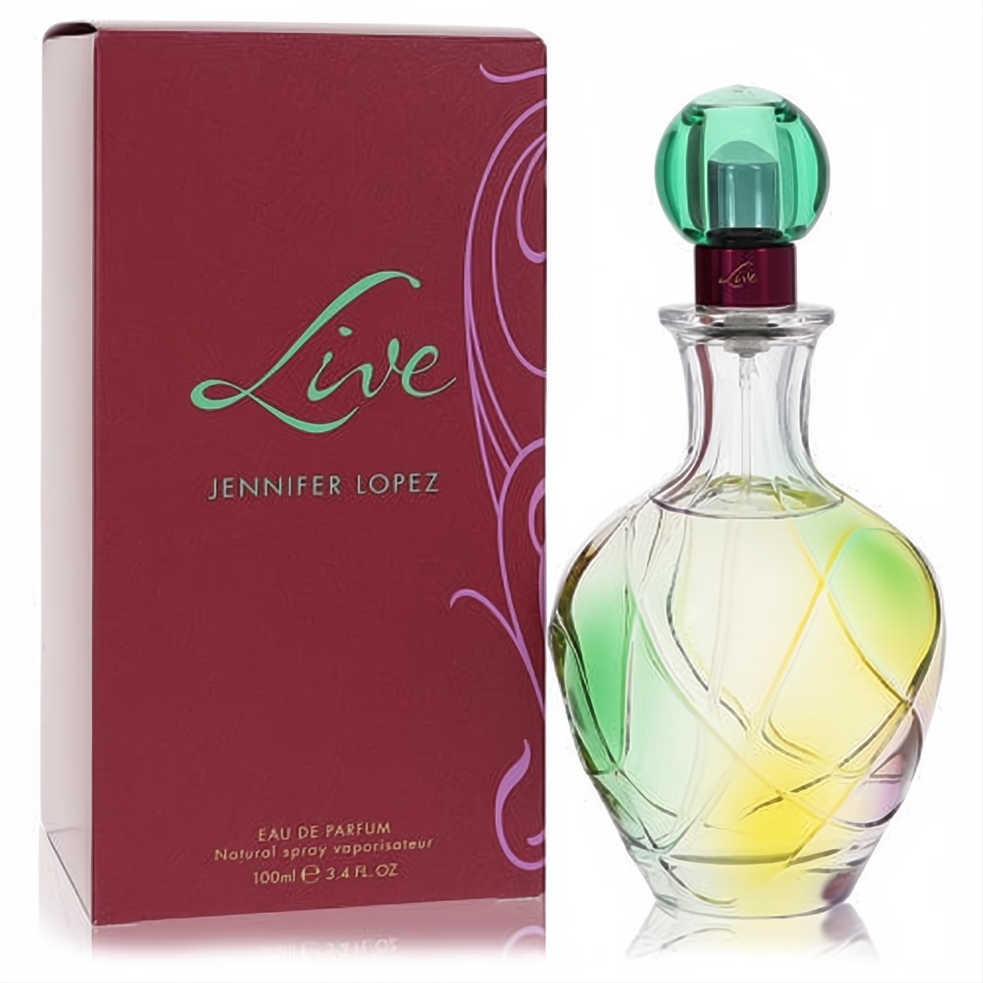 Live by Jennifer Lopez 3.4 oz EDP spray: elegant glass bottle with vibrant yellow-green liquid, swirling design, and bold green cap, beside its striking red box.