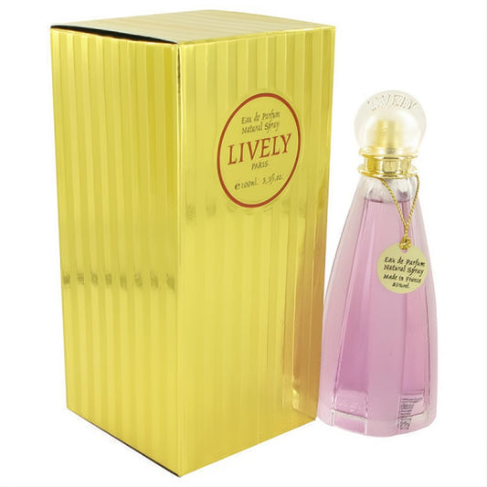 Vibrant Lively by Parfums LivelyEau 3.3 oz women's perfume. Tapered clear bottle with purple liquid, gold cap, and luxurious gold striped box.