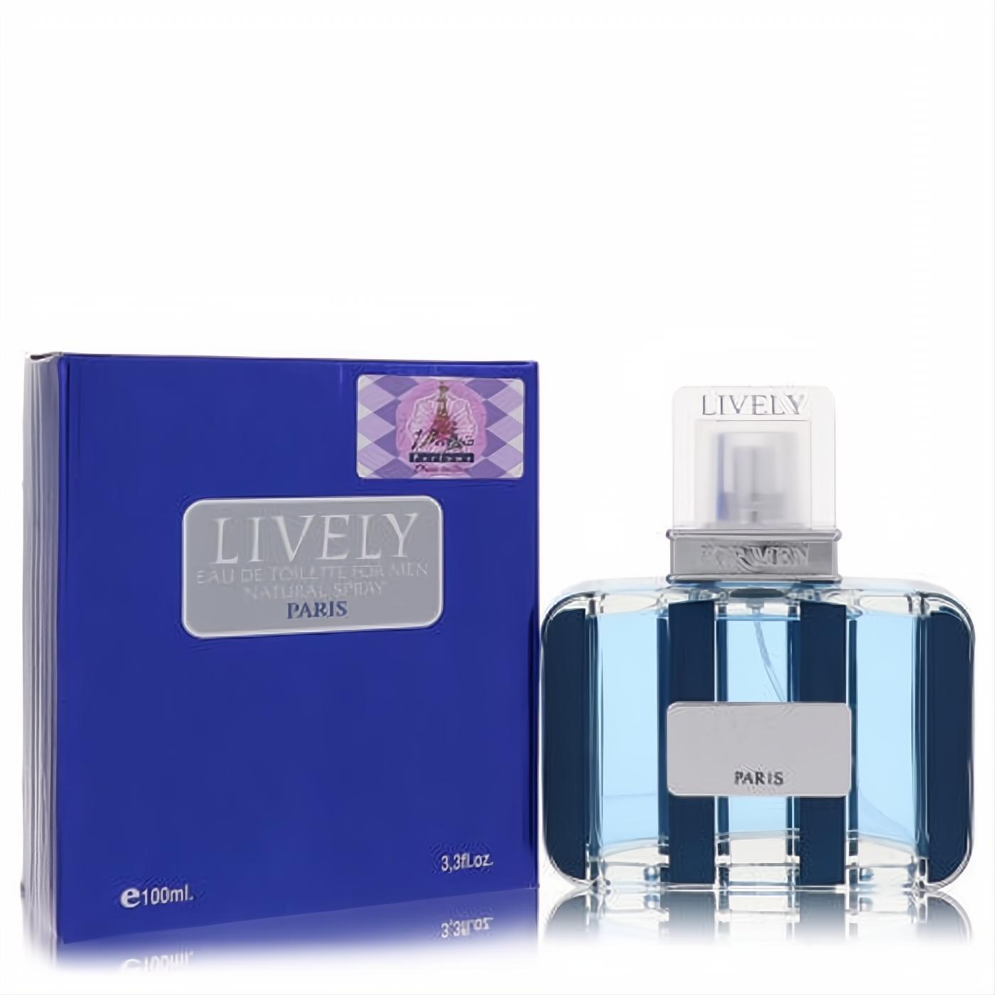 Bold Lively by Parfums Lively 3.4 oz men's EDT spray. Elegant clear bottle with blue stripes, silver accents, and a vibrant royal blue box.