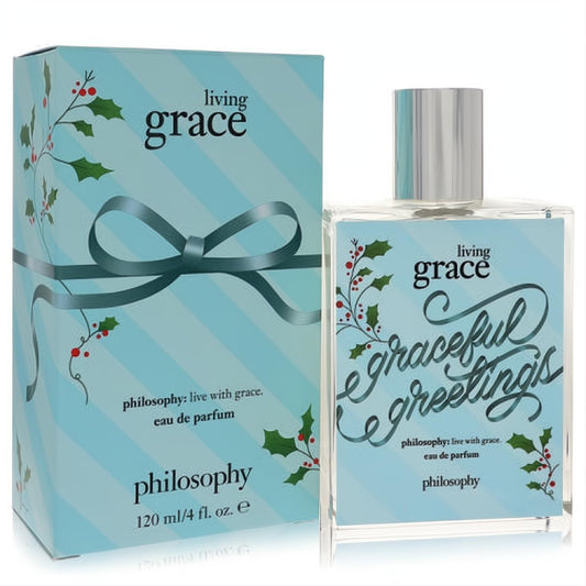 Elegant Philosophy Living Grace 4 oz Eau De Parfum, clear bottle with festive light blue 'Graceful Greetings' label & holly box.