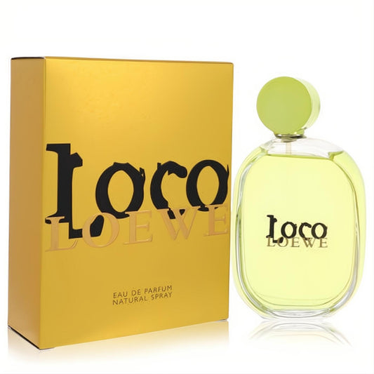 Elegant Loco Loewe Eau de Parfum 1.7 oz spray, featuring a vibrant green-capped clear glass bottle and luxurious golden box.