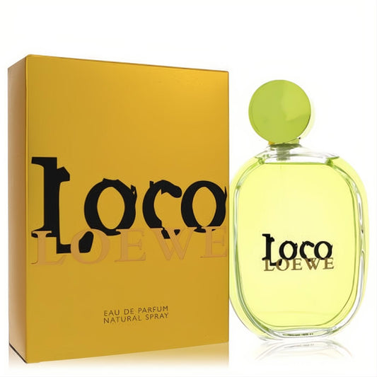 Loco Loewe 3.4 oz Eau De Parfum spray. Chic yellow box and sleek glass bottle with a vibrant lime green cap.