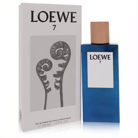 Discover Loewe 7 Eau De Toilette 3.4 oz. Modern blue bottle with a natural wood cap, presented with its unique fern-designed white box.