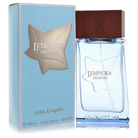 Lolita Lempicka Homme 3.4 oz EDT. Striking blue glass bottle with a dark wood cap and iconic leaf design on its matching box.