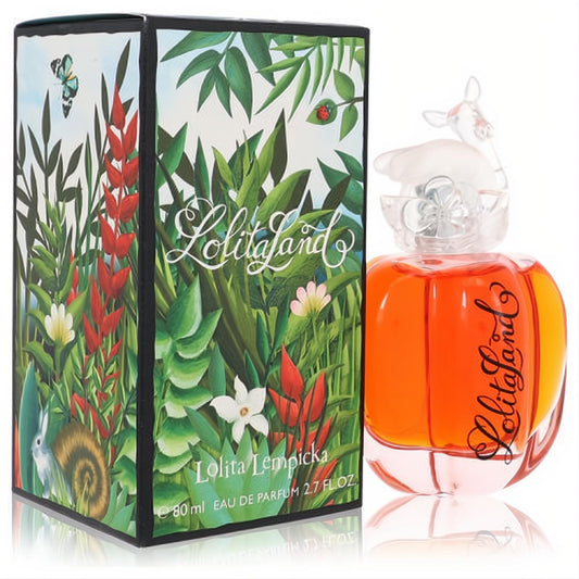 Lolita Lempicka Lolitaland 2.7 oz EDP. Vibrant orange ribbed bottle with a whimsical deer cap, next to its lush jungle-themed box.