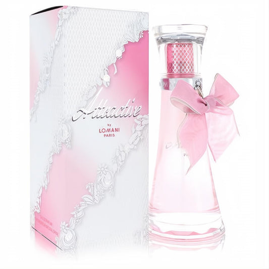 Captivating Lomani Attractive 3.3 oz women's EDP. Clear bottle, pink liquid, satin bow, and elegant white-pink lace box.