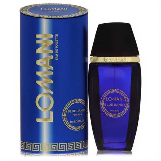 Lomani Blue Dandy 3.3 oz men's EDT spray: sleek deep blue bottle with gold accents, black cap, and matching elegant box.