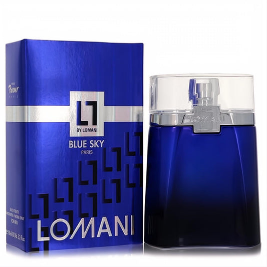 Bold Lomani Blue Sky 3.4 oz men's EDT in a sleek gradient blue glass bottle with clear cap, next to its vibrant blue and silver box.