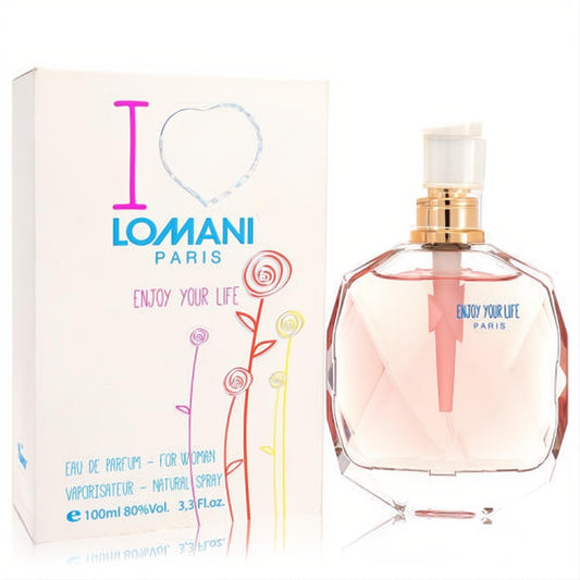 Lomani Enjoy Your Life Paris 3.4 oz Eau De Parfum for women. Elegant faceted pink glass spray bottle with gold accents and a vibrant floral box.
