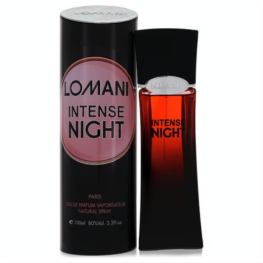 Experience Lomani Intense Night 3.3 oz women's EDP. Sleek dark red to black gradient bottle, black cap, and elegant cylindrical box.