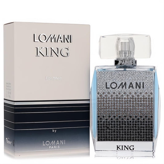 Lomani King 3.3 oz men's Eau De Toilette. Striking glass bottle with silver text, studded design, and sophisticated matching box.