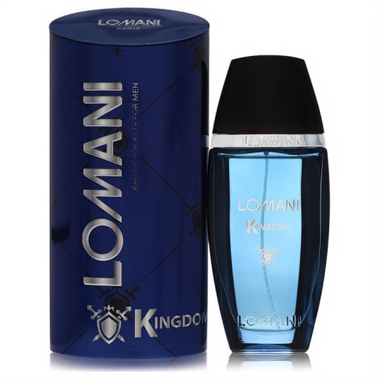 Lomani Kingdom men's EDT 3.3 oz: a vibrant blue glass bottle with sleek black cap, beside its royal blue branded box.