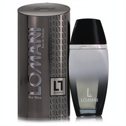 Lomani L by Lomani men's Eau de Toilette spray, 3.4 oz. Sophisticated dark grey gradient bottle with sleek metallic cylindrical packaging.